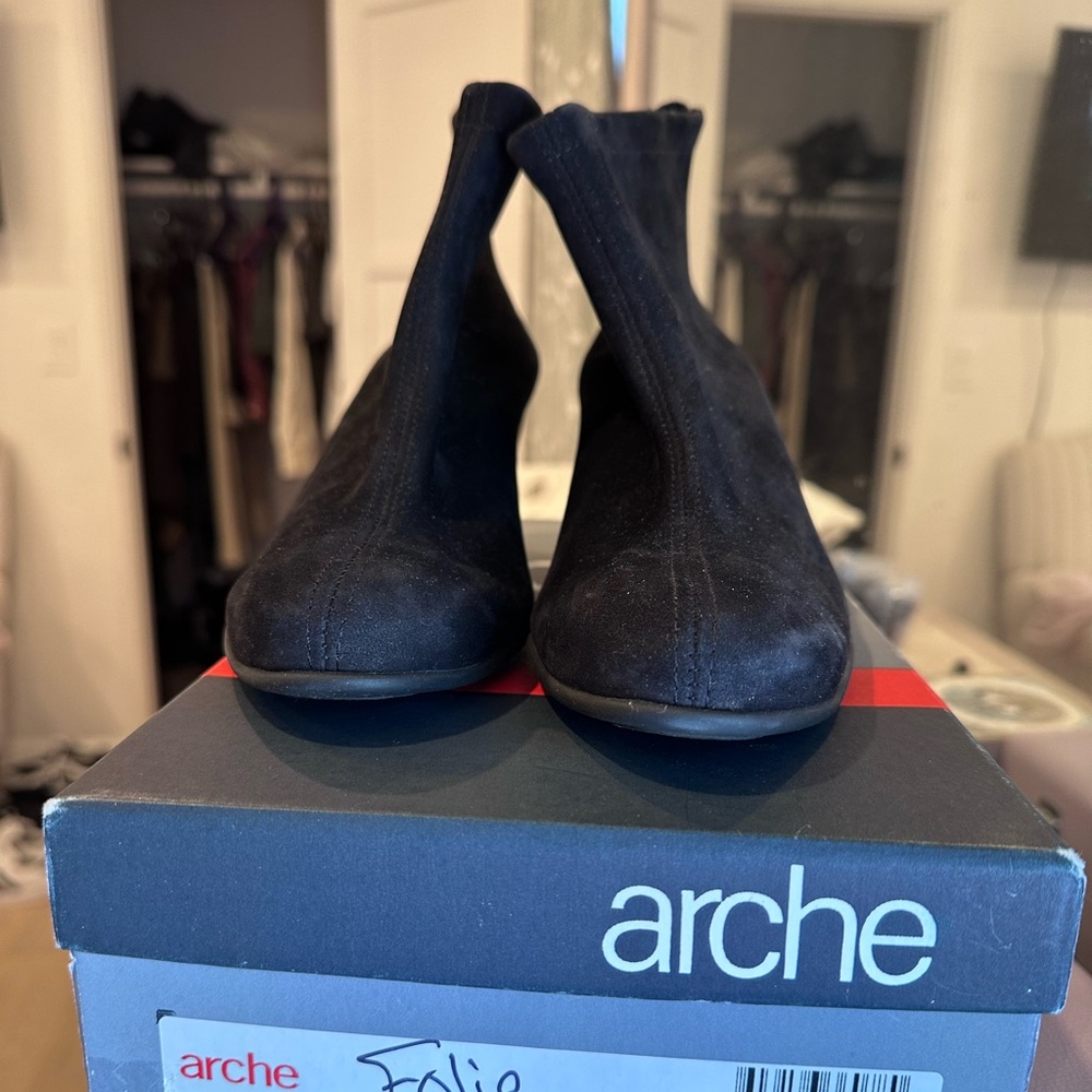 Arche Black Suede Ankle Booties with Block Heel - Picture 2 of 7
